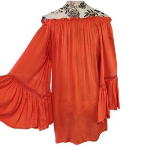 Elan Size OS Off Shoulder Boho Top/Mini Dress Rust W/Ruffle Bell Sleeve